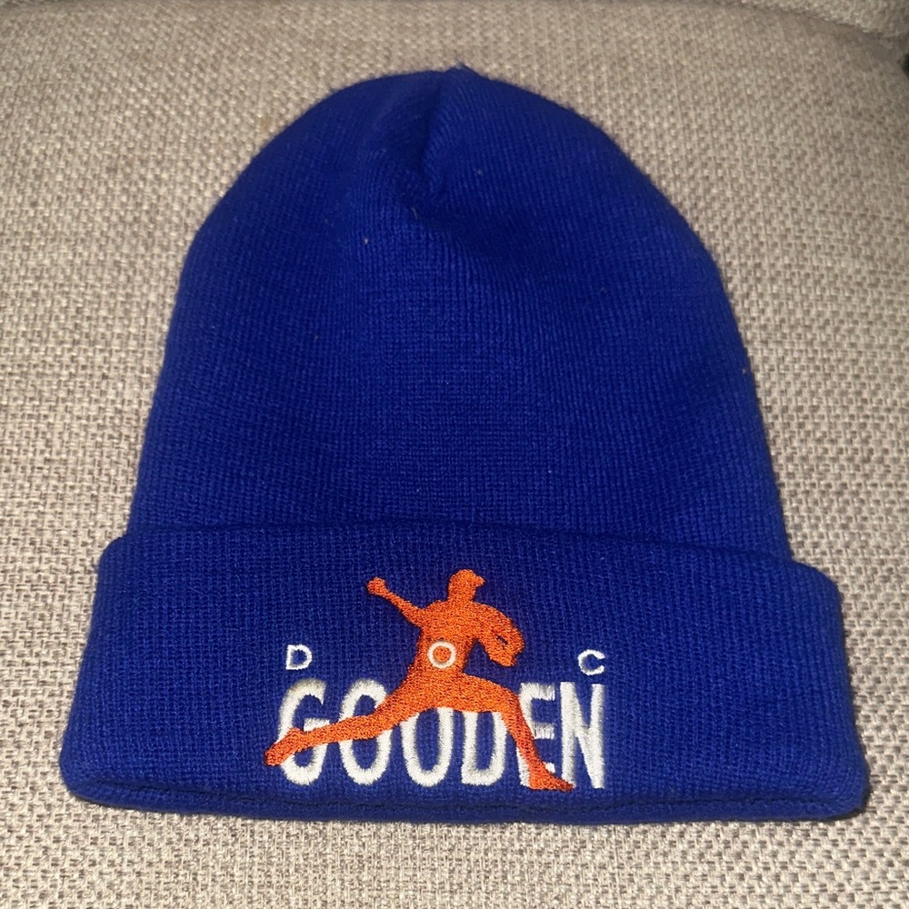 Blue Beanie with Orange Embroidery
